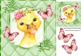 Cute chick with flowers, green butterflies in quilted 8x8 frame