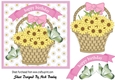 yellow daisies, with green butterflies in a basket 7x7