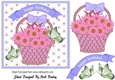 pink daisies, with green butterflies in a basket 7x7