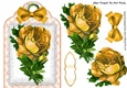 Pretty gold vintage roses and bow on lace tag/topper
