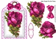 Pretty cerise vintage roses and bow on lace tag/topper
