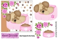 Cute puppy snoozing in her bed with pink roses 7x7