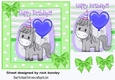 Cute pony in party hat in green polkadot frame 7x7
