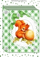Cute red squirrel on lace in green check book design A4 Card front