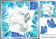 Lovely black and white sketch of a parrot in 8x8 blue leaf frame