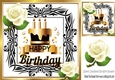 Cream roses with Birthday Cake in gold/black 8x8 frame