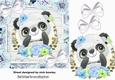 Cute Panda, in blue flower frame with white bows 7x7