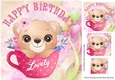 Cute teddy in pink teacup with balloons 8x8
