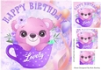 Cute teddy in purple teacup with balloons 8x8