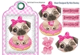Cute pug on lace, pink gingham tag topper