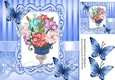 pretty vase of mixed flowers in ornate frame with blue butterflies 8x8