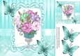 pretty vase of mixed flowers in ornate frame with turq butterflies 8x8