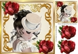 Pretty vintage lady in gold scroll with red roses 8x8
