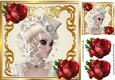 Pretty vintage blond lady in gold scroll with red roses 8x8