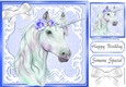 Beautiful White Unicorn in blue/white ornate frame 8x8