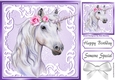 Beautiful White Unicorn in purple/white ornate frame 8x8