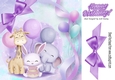 Cute Birthday Friends with balloons and purple bow 8x8