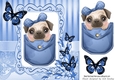Cute pug in a blue denim pocket with butterflies 8x8