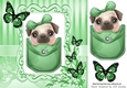 Cute pug in a green denim pocket with butterflies 8x8