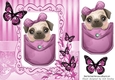 Cute pug in a pink denim pocket with butterflies 8x8