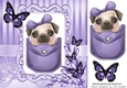 Cute pug in a purple denim pocket with butterflies 8x8