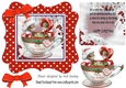 Cute christmas mice in a teacup, in red polkadot frame