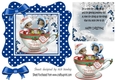 Cute christmas mice in a teacup, in royal blue polkadot frame