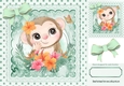 Cute monkey with pretty flowers in polkadot frame with mint bows 8x8