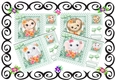  4 Cute Animals in polkadot frame with mint bows card fronts 8x8 mini kit