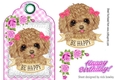 Sweet puppy with bows and pink roses on a gingham tag