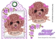 Sweet puppy with bows and lilac roses on a gingham tag