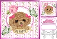 Sweet puppy with bows, pink rose & green butterflies 8x8