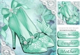 Pretty turq shoe with diamantes and lace corners 8x8