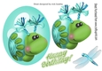 Cute little funny face snail with blue dragonfly