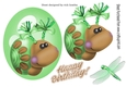Cute little funny face snail with green dragonfly