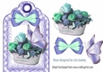 Pretty vintage roses with lilac butterfly and bow on a tag