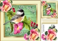 Pretty bird on a branch in floral frame with pink roses 8x8