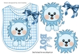 Cute blue lion on a check bib with bow for baby boy