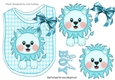 Cute turq lion on a check bib with bow for baby boy