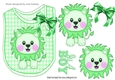 Cute green lion on a check bib with bow for baby boy