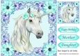 Gorgeous white unicorn with turq flowers 8x8