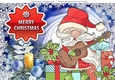 Jolly Santa playing a guitar with presents A4