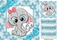 Cute elephant in turq floral frame with bows 8x8