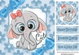 Cute elephant in blue floral frame with bows 8x8