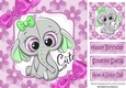 Cute elephant in pink floral frame with bows 8x8