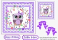 Cute owl with flowers in purple polkadot and lace 7x7 frame