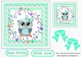 Cute owl with flowers in turq polkadot and lace 7x7 frame