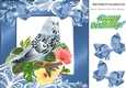 Pretty Blue Budgie on a branch with pink flowers and bows 8x8