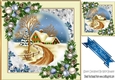 Lovely snow scene with cottage and blue baubles 8x8 (two)