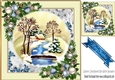 Lovely snow scene with cottage, stream and blue baubles 8x8 (one)